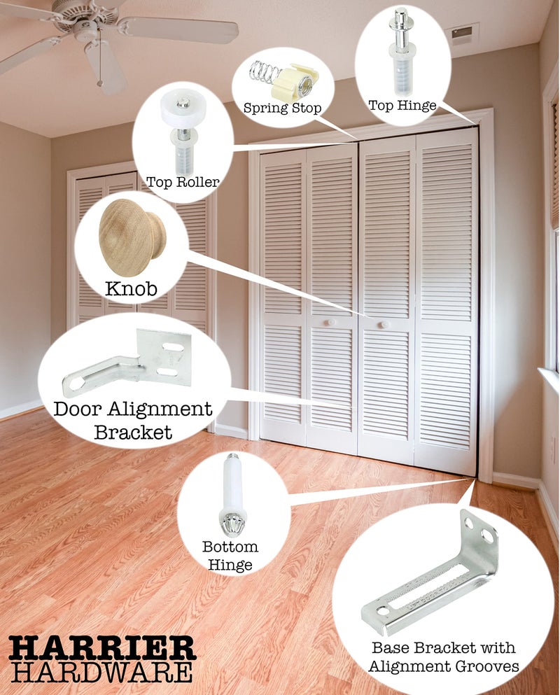 Harrier Hardware Bifold Door Hardware Repair Kit 2-Door Set 3/8-Inch Pivot for 7/8-Inch Track Unfinished Knob Spring Snugger Roller DIY Fix - Image 2